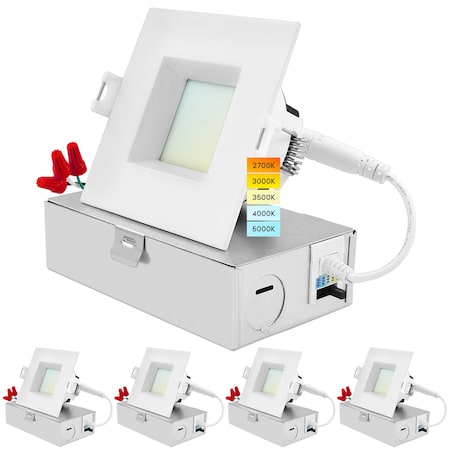 Luxrite 3 Inch Square LED Recessed Downlights 5CCT 2700K-5000K 10W 800LM Dimmable Wet Rated IC Rated, 4PK LR22638-4PK